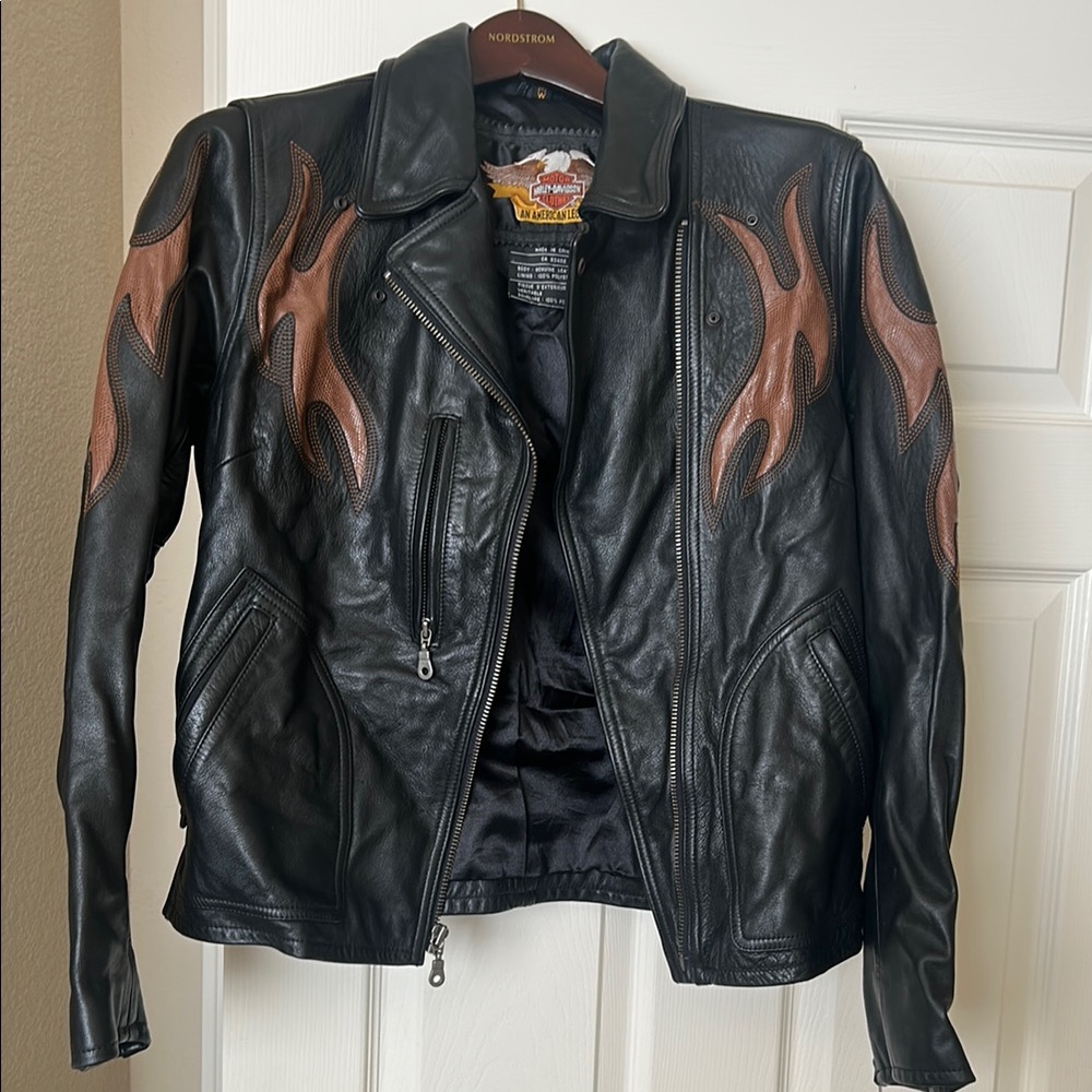 Harley-Davidson Black Leather Jacket with Brown Flame Accents